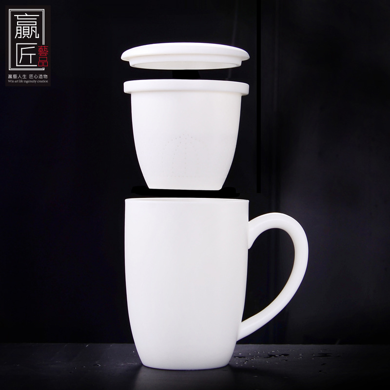 Winjiang dehua porcelana blanca Kung Fu taza de té de cerámica con tapa filtro Oficina taza de agua oveja grasa Jade porcelana Oficina taza