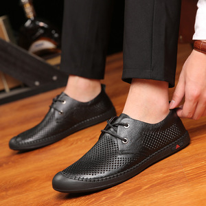秋季新款男士浅口休闲真皮单鞋夏季镂空系带透气商务正装皮鞋男