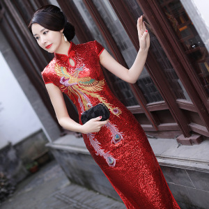 Cheongsam red wedding dress long short sleeve split Phoenix national dress