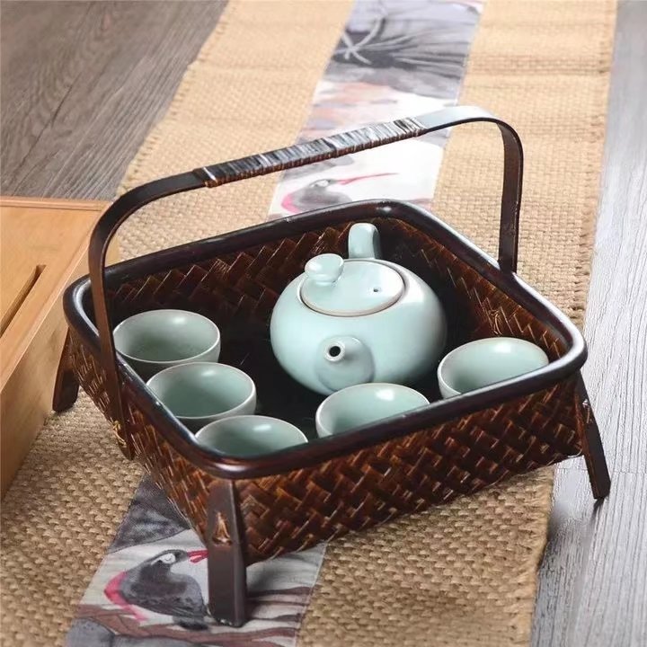 Bamboo weaving basket lacquer fruit plate Chinese-style portable tea set storage dried fruit plate bamboo craft flower basket manufacturer
