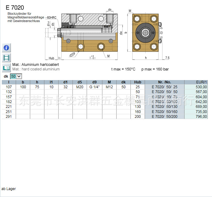 meusburger（模斯堡）油缸 方缸 方形油缸 E 7020/50/25