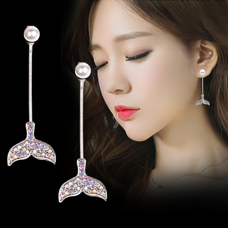 925銀針韓國魚尾個性珍珠人魚耳釘 女百搭流蘇耳環長款耳飾品批發