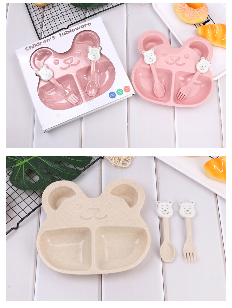 小麦秸秆儿童餐具碗勺叉小熊卡通餐具套装可降解实用小礼品详情11