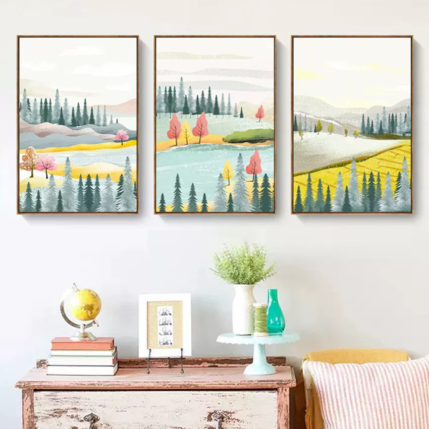 现代简约插画小清新风景北欧装饰画 客厅儿童房简框帆布画