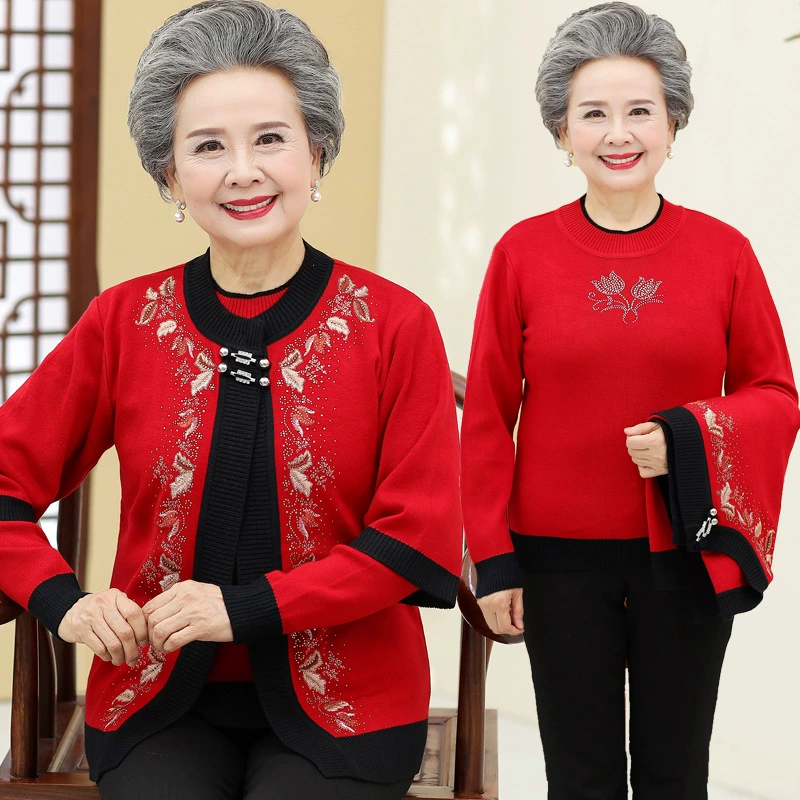 Осенняя одежда для пожилых людей Женский костюм из двух предметов с длинными рукавами для пожилых людей 60-70 лет Одежда для бабушки Свитер для бабушки Весенне-осеннее пальто для мамы