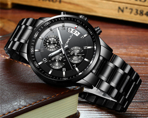 CRRJU/ Kajun 2214 New Men's Business Watch for Men, Six-Hole Chronograph Multifunction Stainless Steel Watch