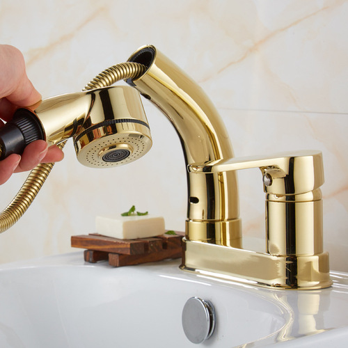 Full copper double hole pull-out face basin cold and hot water faucet three-hole countertop sink hand basin lifting telescopic shower head
