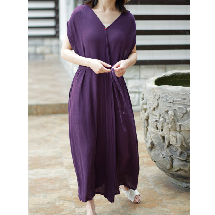 棉麻绉布肌理感宽松系带连衣裙复古V领绣线短袖长裙2018夏180606