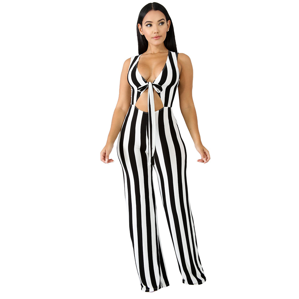 black and white striped bow jumpsuit Nihaostyles wholesale clothing vendor NSTYF72977