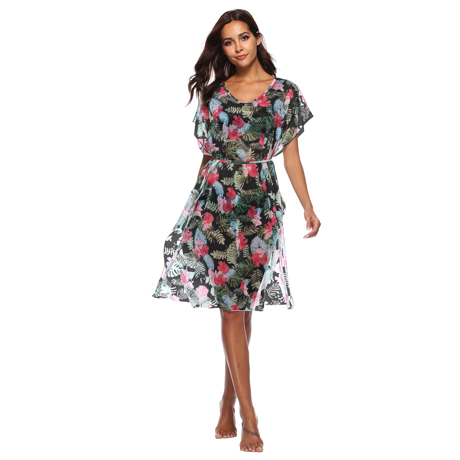 floral loose V-neck chiffon dress NSOY51855