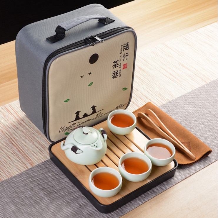 定窑旅行茶具套装 亚光釉陶瓷便携茶具一壶四杯 定制logo礼品批发|ms