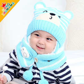 批发公主妈妈冬季童帽婴儿帽子围脖小熊造型毛线帽套装5306