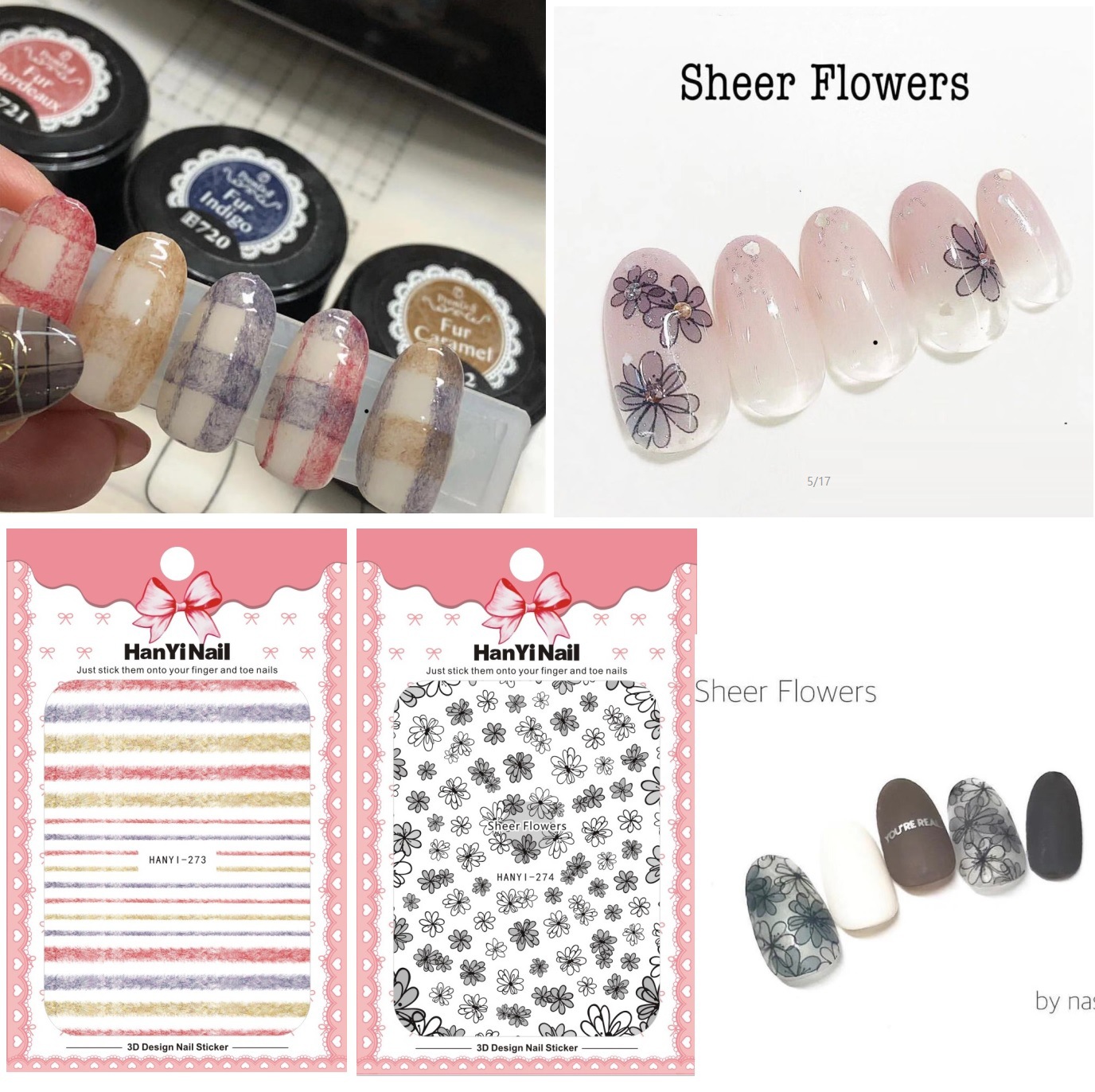 Net red nails sticker nail paste flower semi-transparent plush line…