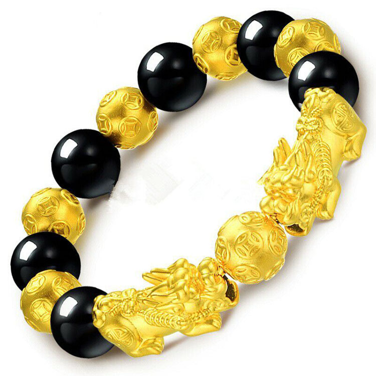 Wholesale Lucky Obsidian Pixiu Bracelet Gold Plated Men's Buddha Beads Six Sons Mantra Bracelet Sand Gold Pixiu