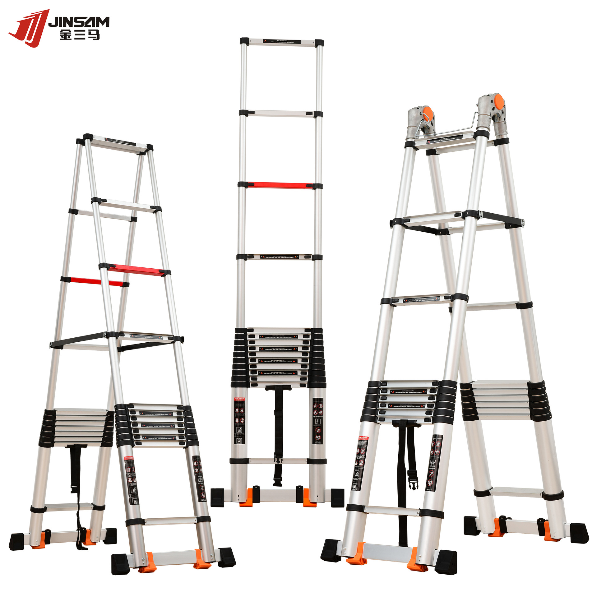 金三马升级款伸缩人字梯铝合金加厚宽踏板多功能伸折叠梯|ru