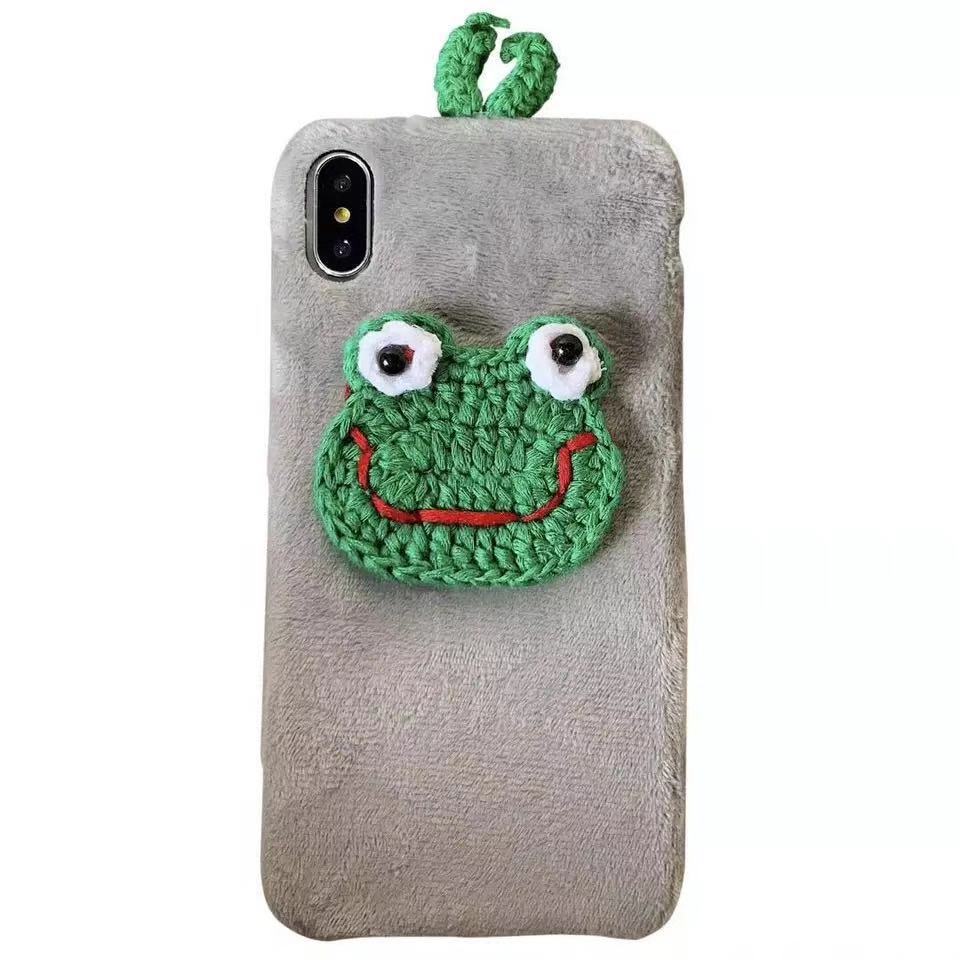 毛绒青蛙针织手机壳卡通手机保护套手钩针织青蛙手机壳配件半成品