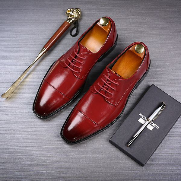 Spring New Pointed Lace up Business Dress Leather Shoes for Men's British Block Cross border Men's Wedding Shoes