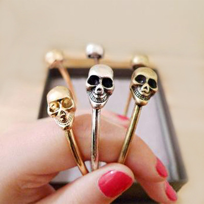 韩火火朋克风双骷髅头开口手镯 合金女士欧美复古个性c形手环手饰|ms