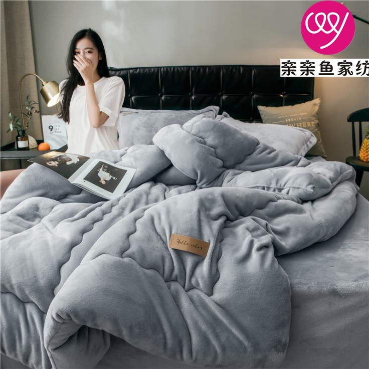 双面法莱绒冬被北欧纯色保暖法兰绒被子四件套水晶绒加厚丝棉被芯