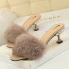 Korean fashion elegant half slippers， Rhinestone thin heel， high heel， hairy rabbit hair， one line slippers