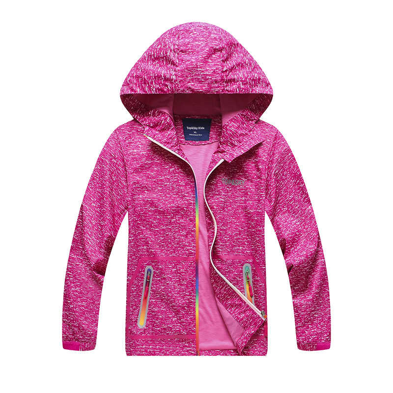 Cationic printed waterproof breathable film-coated hooded open-chest zip-up cardigan/jacket for boys, girls, and children of all ages.