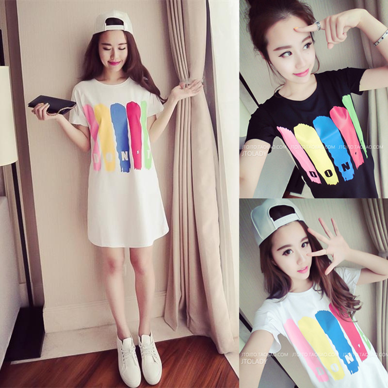 2021 summer new pattern Korean Edition Easy printing T-shirts student Short sleeved T-shirt Mid length version Dress Women's wear