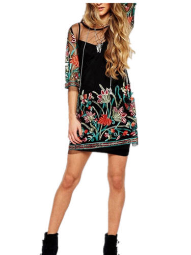 Black Embroidered Mesh Dress Slim Fit Sheer Design Elegant Style Perfect for Autumn Events Wholesale Available