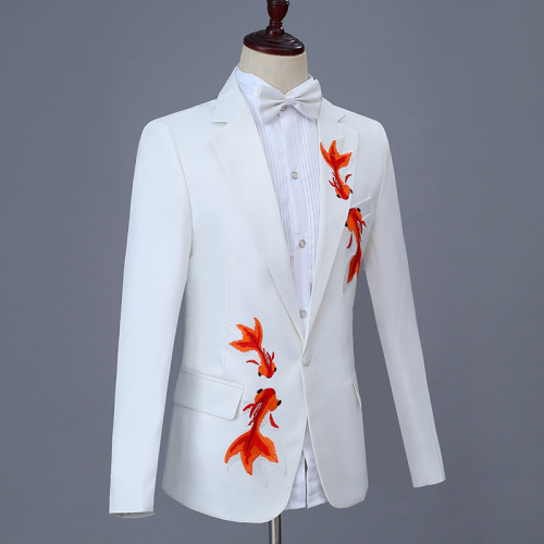 Men's choir church stage performance blazers groomsman party coats double fish embroidery singer host stage performance Emcee white jackets