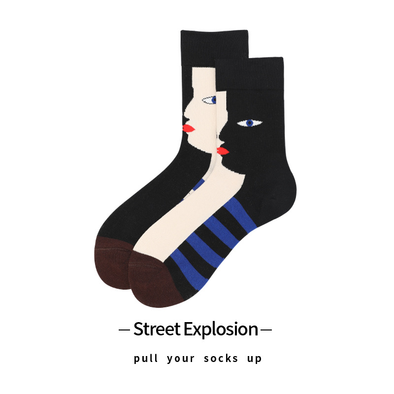 眼睛袜子全棉情侣款阴阳袜人脸个性撞色条纹韩版学院风美潮袜街头