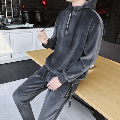 卫衣男金丝绒套装秋冬季两件套运动休闲装韩版潮加绒男士外套衣服|ru