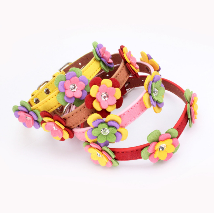 水钻三层超纤小花宠物项圈 超纤材质耐拉狗项圈狗带 量大优惠|ms