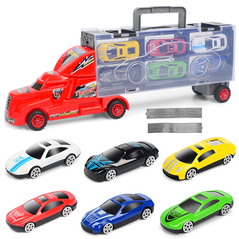 外貿兒童玩具合金貨櫃車玩具手提收納箱套裝6輛合金車仔滑行軌道