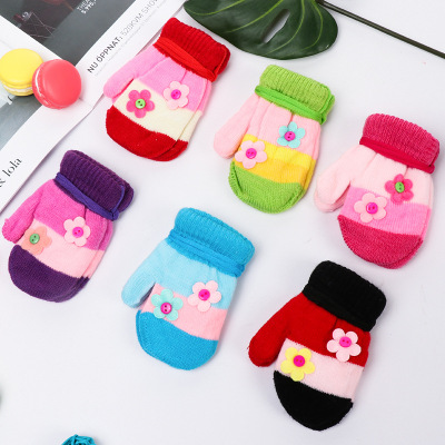 秋冬季新款儿童全指手套男女宝宝可爱卡通贴花针织全包手套批发