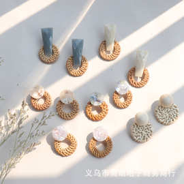 韩国设计 圆形镂空天然竹藤草编复古耳饰 几何饰品同款耳环女