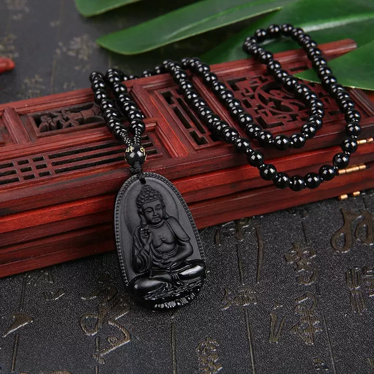 黑曜石八大守护神吊坠十二生肖本命佛项链本命年男女项链厂家批发