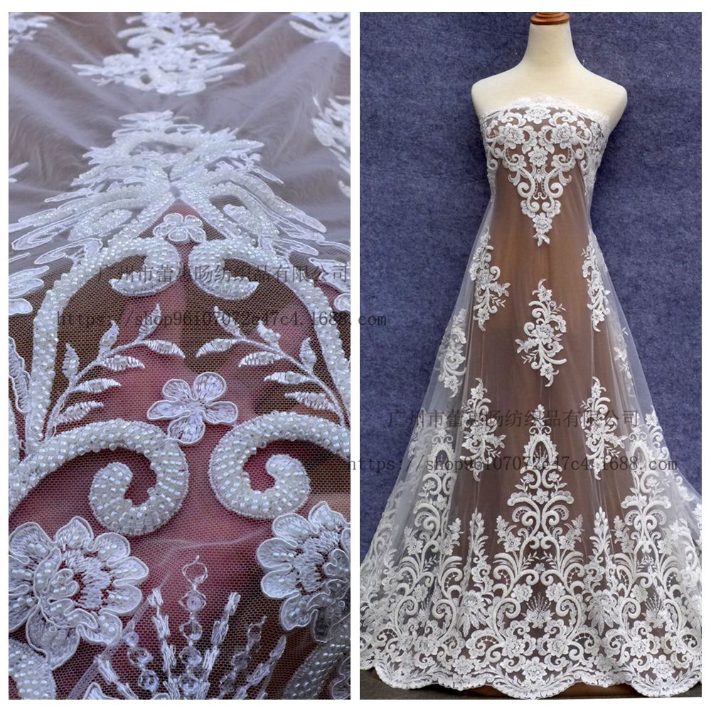 米白色 超重手工钉珠婚纱礼服蕾丝面料 网布刺绣服装花边 布料