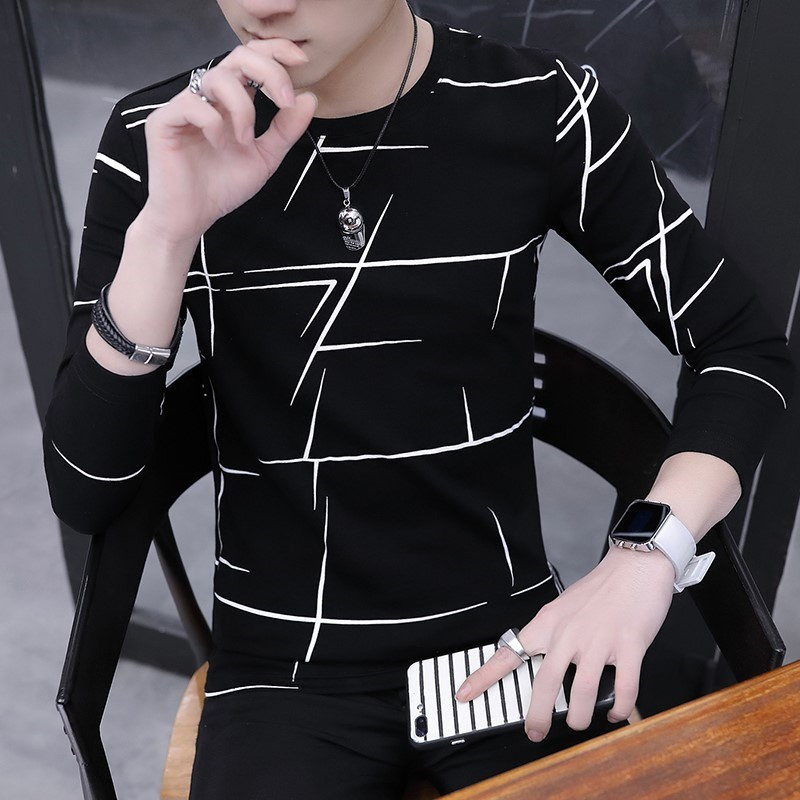 2022 Autumn Long-sleeved T-shirt Men's Round Neck Korean Style Slim-fit Men's Clothes Autumn Clothes Men's Long-sleeved Fashionable T-shirt