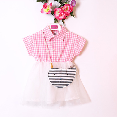 2019夏季新款女婴小童连衣裙韩版格子小猫翻领条纹挎包连衣裙热批|ru