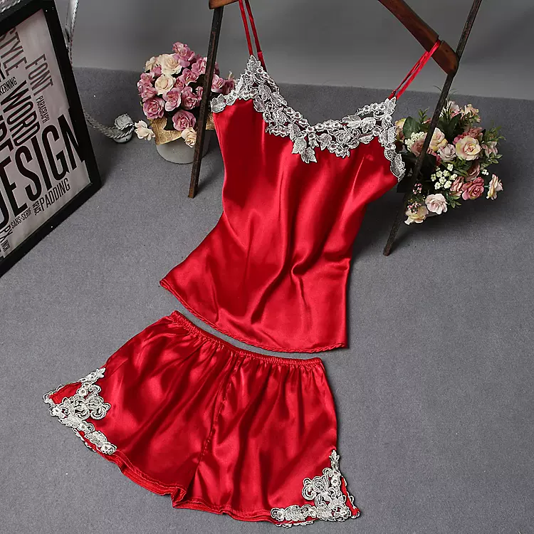 仿真丝吊带短裤睡衣两件套装性感套装家居服立体刺绣蕾丝吊带睡衣