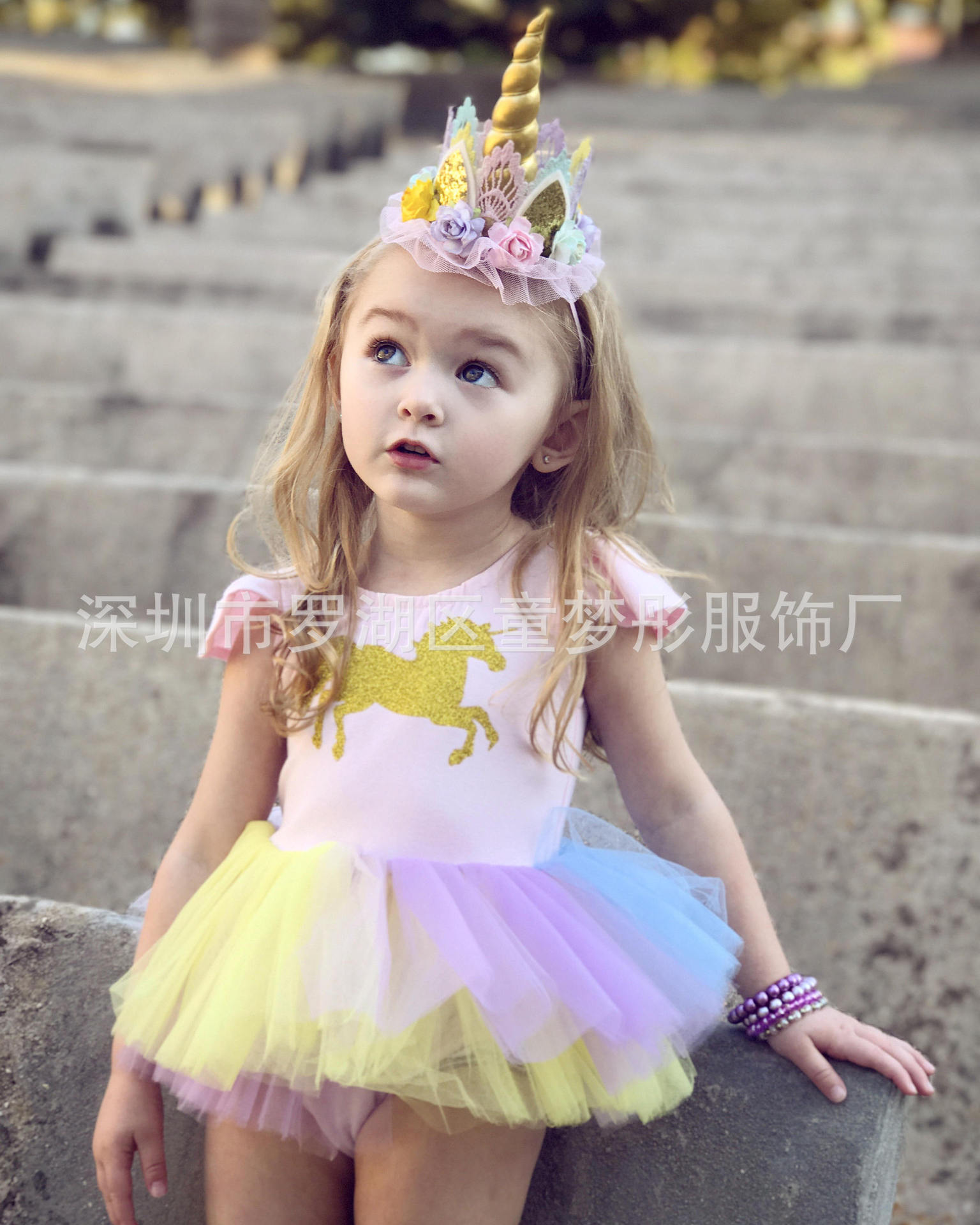 跨境批发童装 ins爆款哈衣独角兽金粉印花彩色哈衣裙子纯棉现货|ms