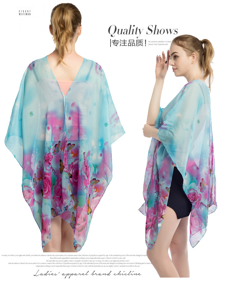 蝴蝶印花雪纺披肩 珍珠扣沙滩巾批发 跨境热销丝巾