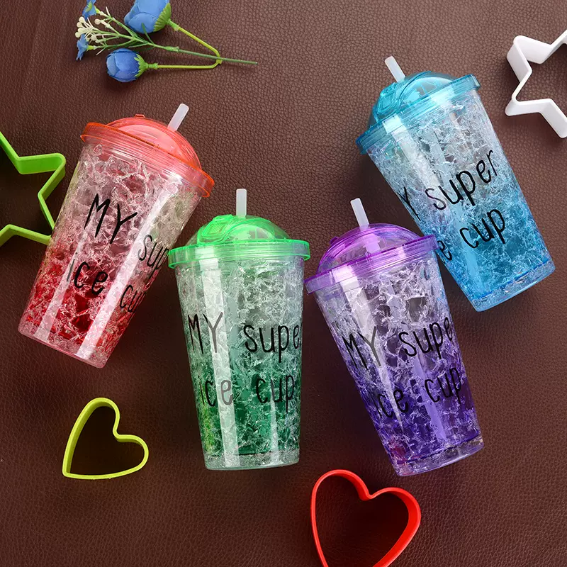 创意夏日冰杯制冷碎冰杯学生双层带盖吸管户外便携水杯塑料杯定制