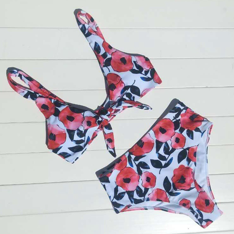 Hot selling fashion swimwear bow tie print high waist split bikini swimsuit NSHL525