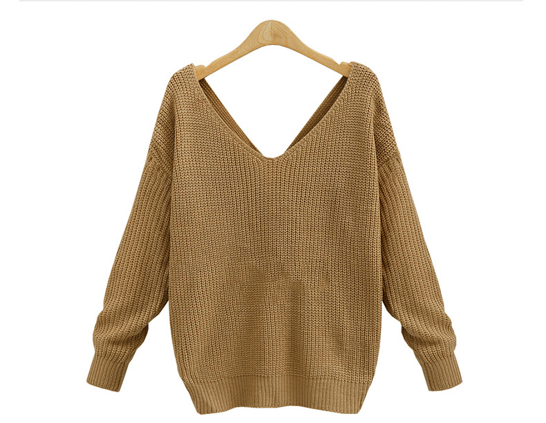 V-Neck Open Back Irregular Cross-Knot Pullover Sweater NSSX89370