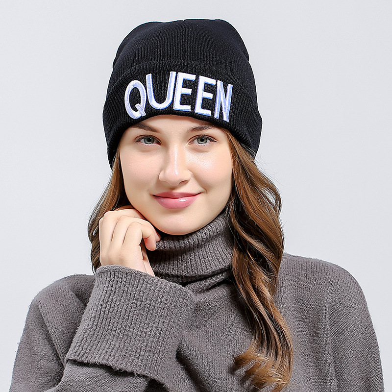 Ny king queen stickad mössa tredimensionell broderi herr- och dammode Pullover varm ullmössa_voghion.com