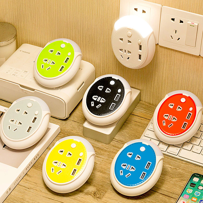 创意炫彩带小夜灯插座转换器一转多功能USB插排无线扩展转换插头