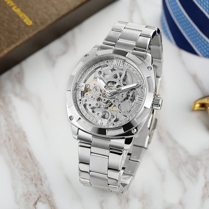 FORSINING reloj mecánico automático de los hombres reloj de los hombres huecos reloj de pelo correa de acero reloj casual hombres 207