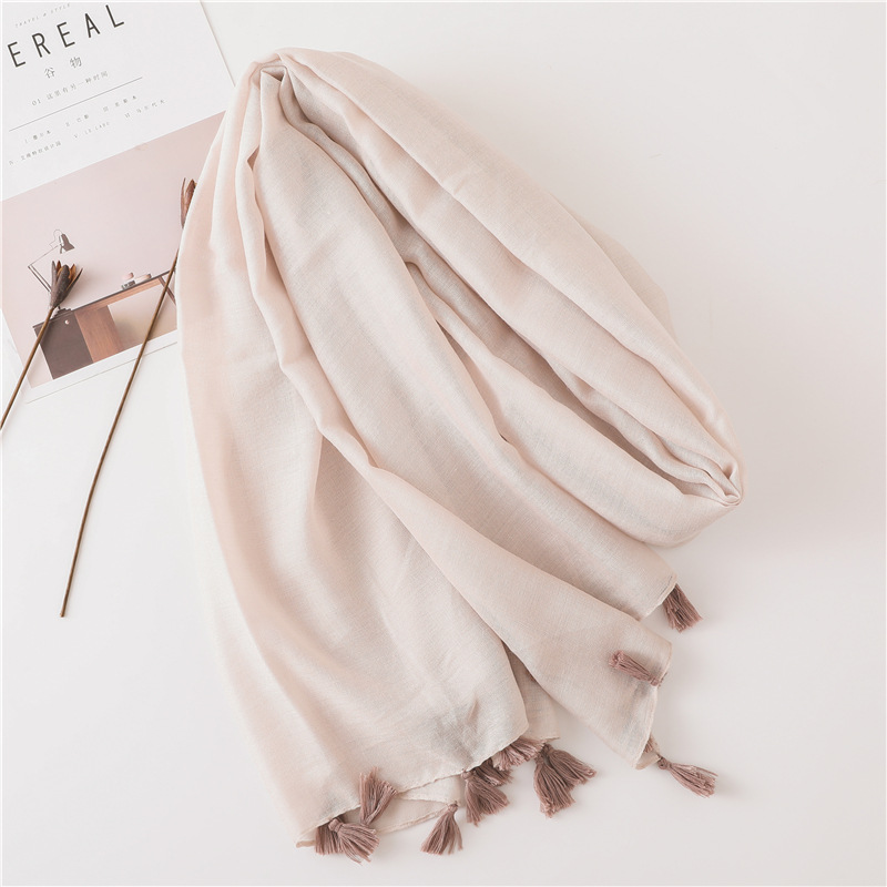 Solid Color Nude Powder Shiny Tassel Cotton Linen Scarf Shawl Long Scarf Silk Sunscreen Shawl display picture 15