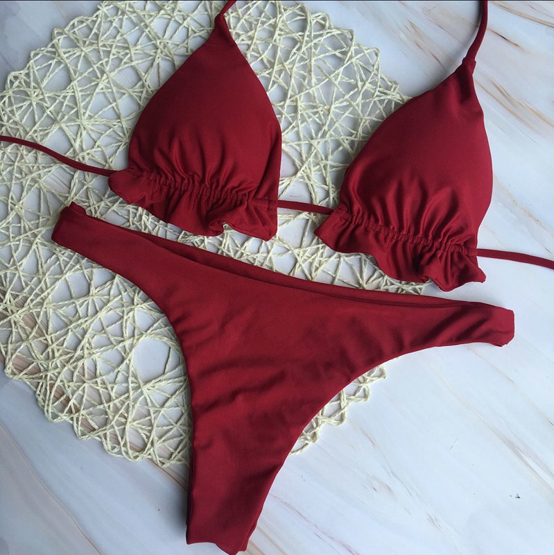 Conjunto de 2 piezas de bikini con volantes y correa de color liso NSCSM112779