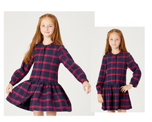 现货韩版童装国内专柜外贸尾单女童格子长袖连衣裙EKOW83823K